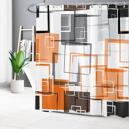 Orange Geometric Modern Shower Curtain for Bathroom Decor,Grey Black and White Abstract Striped Shower Curtain with Hooks Mid Century Minimalist Bathroom Shower Curtain Set,78L X 72W inches
