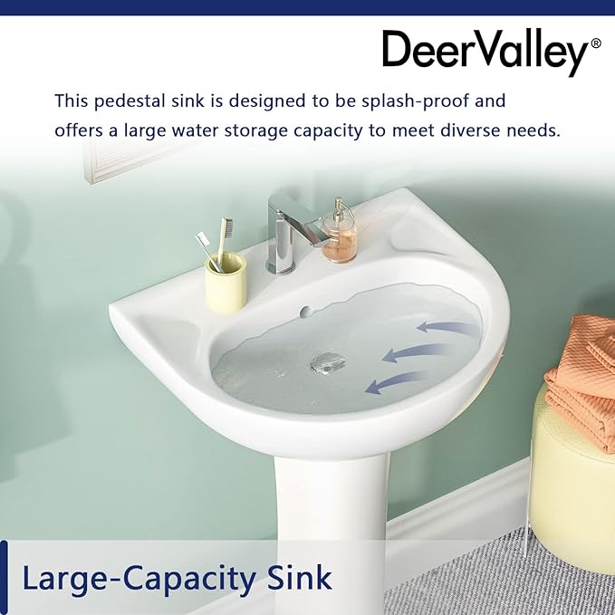 DeerValley Ally 20x16.54 Inch U-Shape White Ceramic Pedestal Sink with Overflow, Modern Bathroom Pedestal Sink, DV-1P525