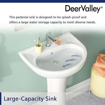 DeerValley Ally 20x16.54 Inch U-Shape White Ceramic Pedestal Sink with Overflow, Modern Bathroom Pedestal Sink, DV-1P525