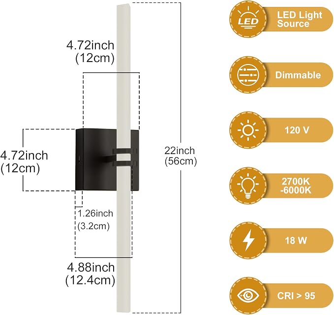 Black Bathroom Light Fixture LED Vanity Light 22" Wall Sconce | 5CCT Dimmable Wall Light, Modern 360° Lighting, 18W Hardwired Vanity Light for Bathroom, Flicker-Free