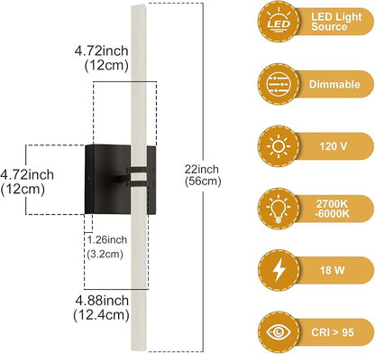 Black Bathroom Light Fixture LED Vanity Light 22" Wall Sconce | 5CCT Dimmable Wall Light, Modern 360° Lighting, 18W Hardwired Vanity Light for Bathroom, Flicker-Free