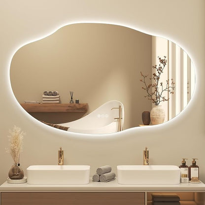 OKPAL Backlit Irregular Lighted Bathroom Mirror with Lights 48x30, Asymmetrical Leaf-Shaped Led Vanity Mirror for Wall, Anit-Fog, Dimmable, Memory, Shatterproof, UL (Horizontal/Vertical)