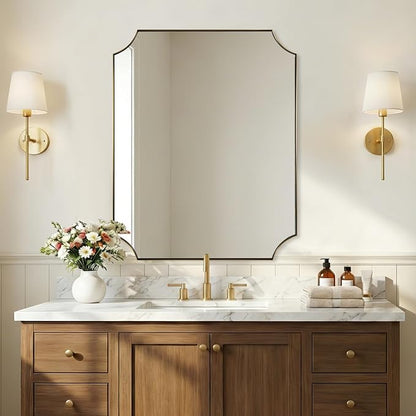 Gold Vanity Mirror, 24x32 Inch Scalloped Mirror for Bathroom, Brushed Gold Mirror in Anti-Rust Stainless Steel Metal 1" Frame, Antique Scalloped Edge Design, Ideal for Home Remodel