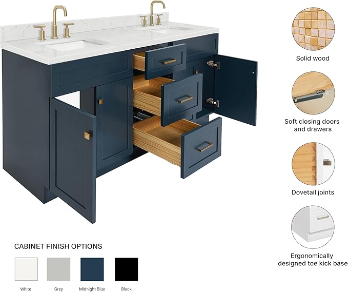 ARIEL Hamlet 72-inch Bathroom Vanity with Sink,Solid Wood, 1.5-inch Carrara White Quartz Countertop, Double Rectangular Porcelain Sink, 4 Soft Closing Doors, 3 Dovetail Drawers, Midnight Blue