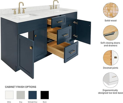 ARIEL Hamlet 72-inch Bathroom Vanity with Sink,Solid Wood, 1.5-inch Carrara White Quartz Countertop, Double Rectangular Porcelain Sink, 4 Soft Closing Doors, 3 Dovetail Drawers, Midnight Blue