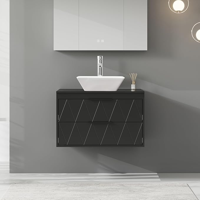 eclife 30" Floating Bathroom Vanities with Sink Combo, Wall Mounted Modern Cabinet W/Diamond Line Pattern Design, White Square Ceramic Vessel Sink W/Water Save Faucet & Pop Up Drain, Black