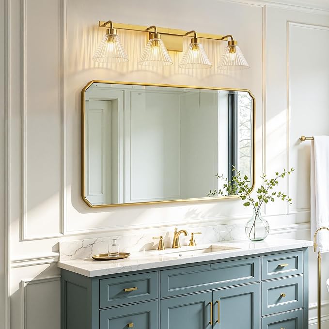 AIJIASI Bathroom Vanity Light Fixtures 4-Light Modern Vanity Lights for Bathroom Brass Gold Bathroom Lighting Fixtures Over Mirror with Ribbed Glass Shade for Bath Restroom 34 Inch