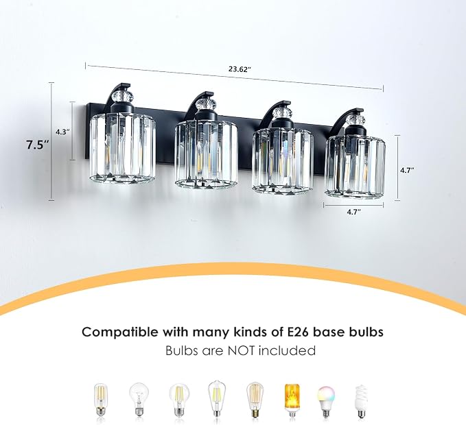 4-Light Black Bathroom Light Fixture Modern Vanity Lights Over Mirror Vintage Wall Sconce Lighting for Bathroom, Bedroom, Living Room, Hallway E26 Base with Crystal Bathroom Vanity Light