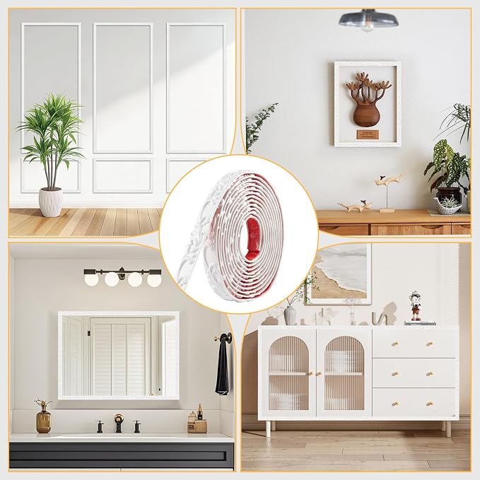 16.4FT x 1.02'' White Peel and Stick Crown Molding Trim – Flexible Decorative Mirror Frame Border, Self-Adhesive Molding for Bathroom Doors & Mirrors