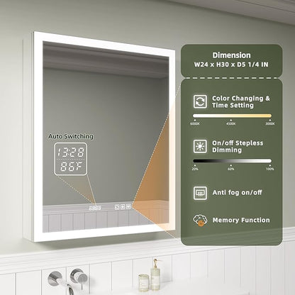LED Medicine Cabinet Mirror with Lights, 24x30 Inch Bathroom Storage, Recessed/Wall Mount, Plug-in/Hardwired, 3 Color Dimmable Light, Anti-Fog, Time Temp Display, Right Hinge