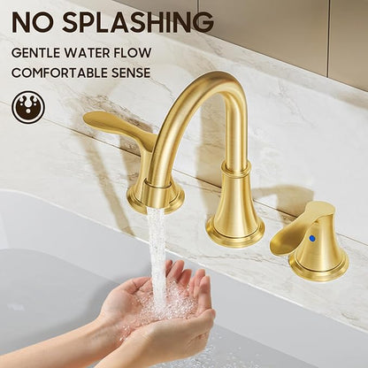 Phiestina Brushed Gold Widespread 8 Inch 3 Holes Bathroom Faucet 2 Pack,2 Handles Modern Bathroom Sink Faucet with Metal Pop-Up Drain & Water Supply Line, WFTY36-BG-2PACK