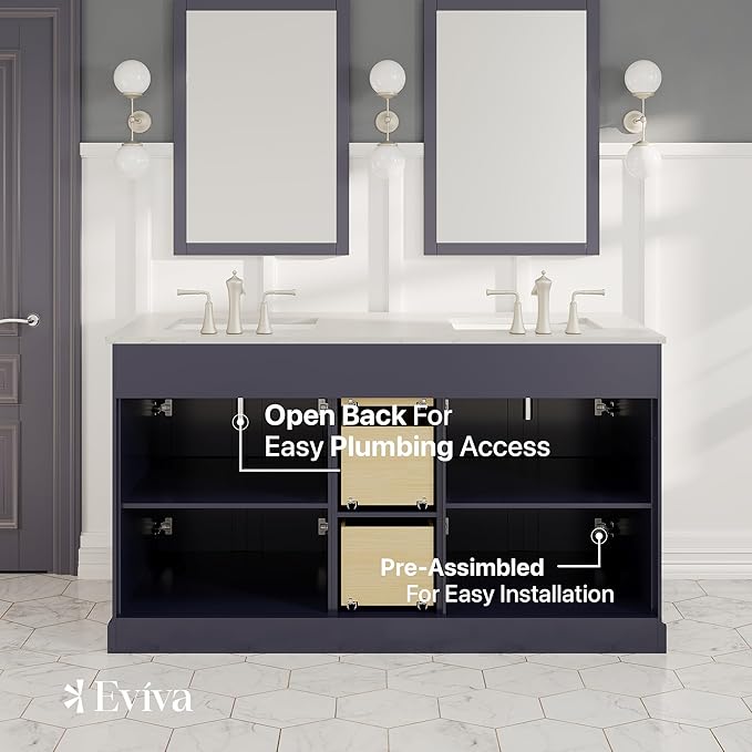 Eviva Epic 60 in. Charcoal Gray Double Sink Bathroom Vanity with White Carrara Quartz Countertop
