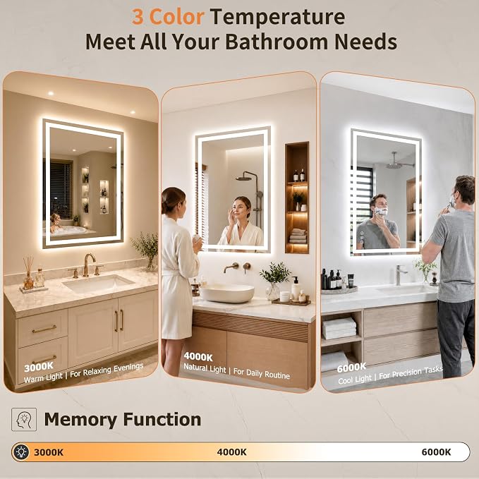 20"x30" LED Bathroom Mirror with Lights, Anti-Fog, Backlit+Frontlit | CRI 95, Stepless Dimmable, 3 Colors Lighting, Shatterproof Tempered Glass, HD Reflection, Memory, (Horizontal/Vertical)
