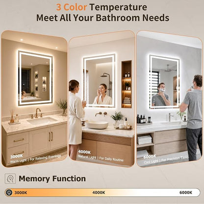 20"x30" LED Bathroom Mirror with Lights, Anti-Fog, Backlit+Frontlit | CRI 95, Stepless Dimmable, 3 Colors Lighting, Shatterproof Tempered Glass, HD Reflection, Memory, (Horizontal/Vertical)