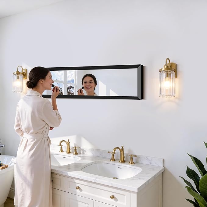 Black Bathroom Mirror 14 x 48 Inch Rectangle Wave Beveled Frame for Wall Bathroom Vanity Mirror for Over Sink, Tempered Glass,for Entryway Hangs, Bathroom Living Room Horizontal or Vertical
