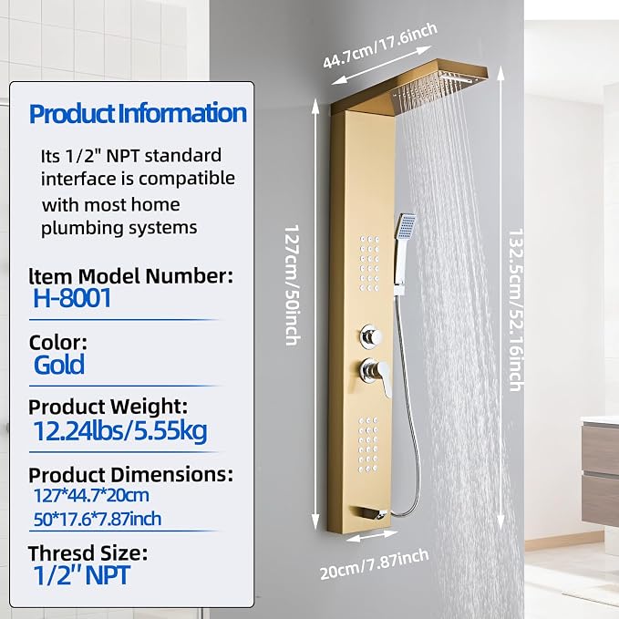 5-in-1 Shower Panel Tower System - Brushed Gold | 304 stainless steel Shower Panel Tower Column with Powerful Body Jets, Rainfall, Waterfall,Handheld and Tub Spout