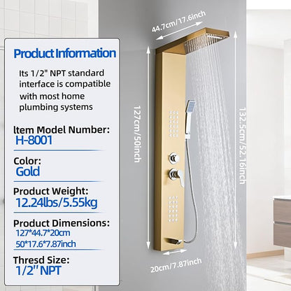 5-in-1 Shower Panel Tower System - Brushed Gold | 304 stainless steel Shower Panel Tower Column with Powerful Body Jets, Rainfall, Waterfall,Handheld and Tub Spout