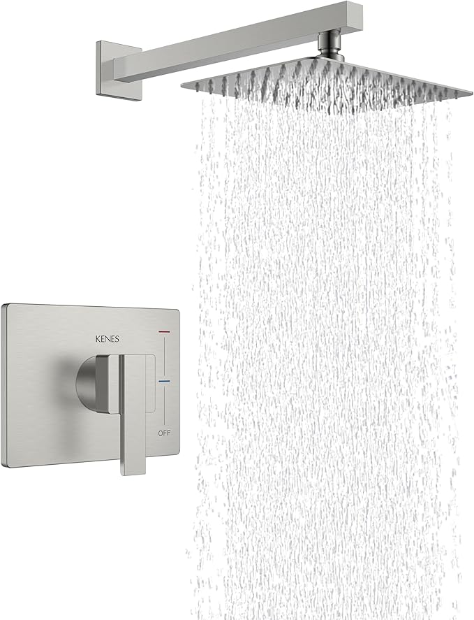 KENES Brushed Nickel Shower Head and Handle Set, Square Shower Faucet Set | Shower Faucet with 10-Inch Rain Shower Head, Square Shower System, Valve Included, Lead-Free cUPC & NSF Certified, Stainless