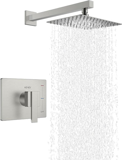 KENES Brushed Nickel Shower Head and Handle Set, Square Shower Faucet Set | Shower Faucet with 10-Inch Rain Shower Head, Square Shower System, Valve Included, Lead-Free cUPC & NSF Certified, Stainless