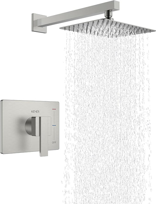 KENES Brushed Nickel Shower Head and Handle Set, Square Shower Faucet Set | Shower Faucet with 10-Inch Rain Shower Head, Square Shower System, Valve Included, Lead-Free cUPC & NSF Certified, Stainless