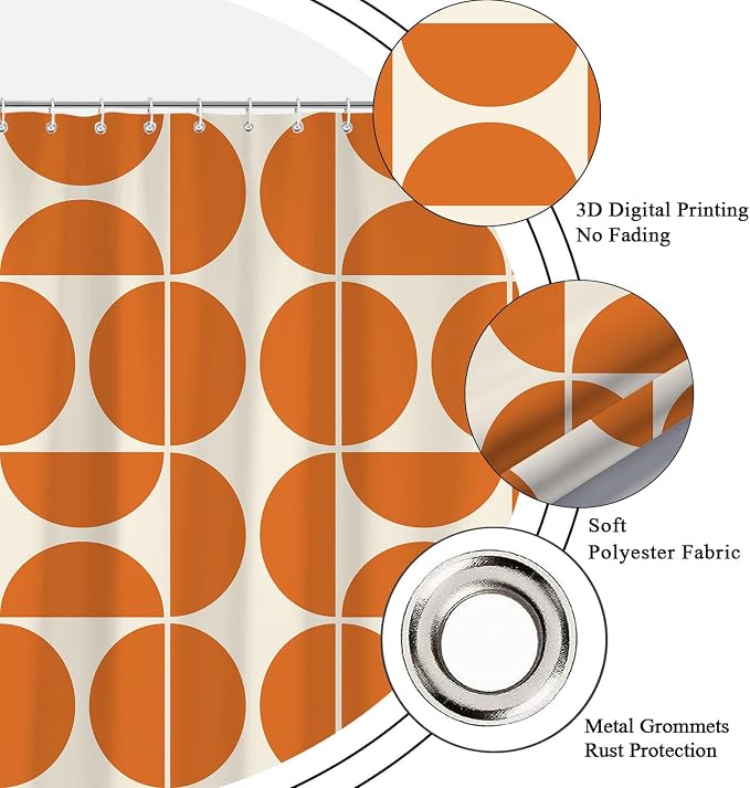 Orange Mid Century Modern Shower Curtain, Boho Abstract Geometric Retro Art Bath Curtains For Bathroom, Colorful Unique Pattern Waterproof Polyester Fabric Bathroom Accessories Set 12 Hooks 72X78IN