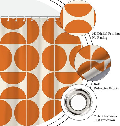 Orange Mid Century Modern Shower Curtain, Boho Abstract Geometric Retro Art Bath Curtains For Bathroom, Colorful Unique Pattern Waterproof Polyester Fabric Bathroom Accessories Set 12 Hooks 72X78IN