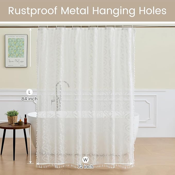 WAZZIO White Lace Shower Curtain - Vintage Pretty Flower Sheer Shower Curtains, Elegant Decorative Tassel Bath Curtains for Bathroom, 72 x 84 Inch, 1 Piece