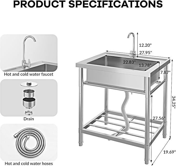 Stainless Steel Utility Sink, 28" Single Bowl Commercial Sink | Free Standing Utility Sink with Cold and Hot Water Pipe, for Kitchen, Laundry