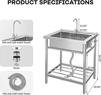Stainless Steel Utility Sink, 28" Single Bowl Commercial Sink | Free Standing Utility Sink with Cold and Hot Water Pipe, for Kitchen, Laundry