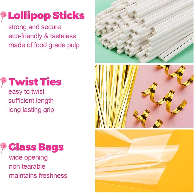 600Pcs Lollipop Stick, 6IN Cake Pop Sticks with Clear Treat Bags & Gold Twist Ties, Cake Pops Making Tools for Lollipops, Candies, Chocolates Cookies