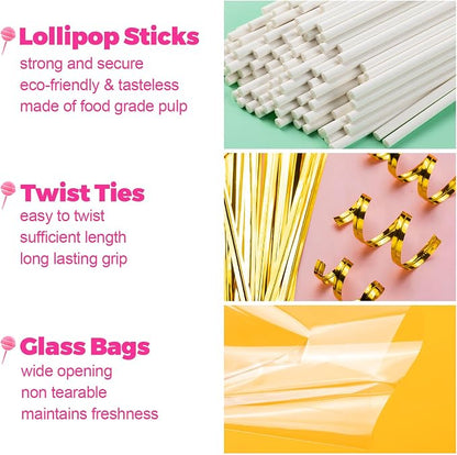 600Pcs Lollipop Stick, 6IN Cake Pop Sticks with Clear Treat Bags & Gold Twist Ties, Cake Pops Making Tools for Lollipops, Candies, Chocolates Cookies