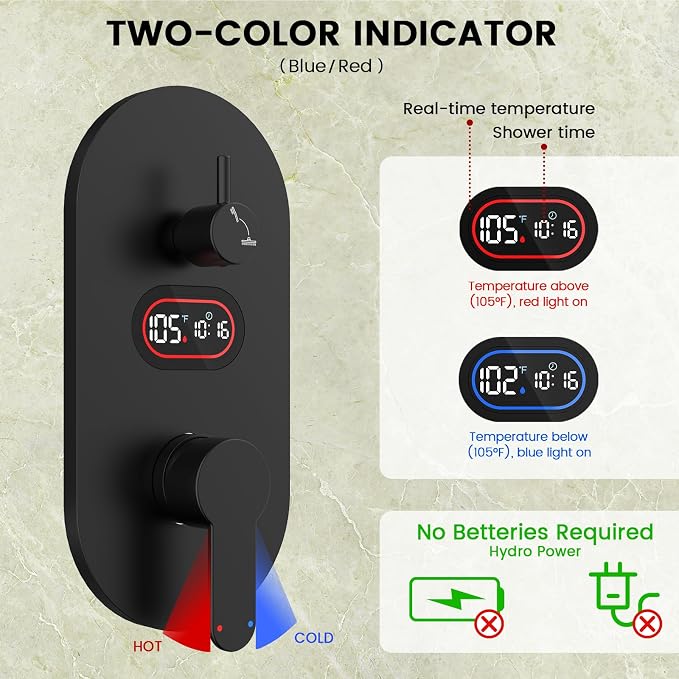 Longriver Round Shower Faucet Set with Hydro Power Temperature Display | Shower System 12" Shower Head with Handheld Spray, Wall Mounted Shower Fixtures with Shower Valve and Trim Kit, Matte Black