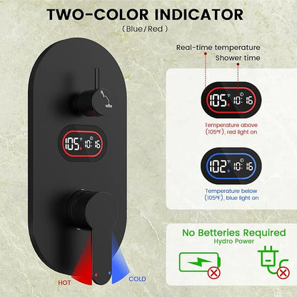 Longriver Round Shower Faucet Set with Hydro Power Temperature Display | Shower System 12" Shower Head with Handheld Spray, Wall Mounted Shower Fixtures with Shower Valve and Trim Kit, Matte Black