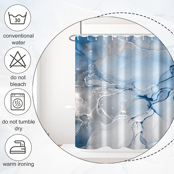AWERT Blue Marble Shower Curtain for Bathroom Modern Blue White Marble Ink Shower Curtain with Hooks Washable Bathroom Accessories Bathtub Decor 60x72inch
