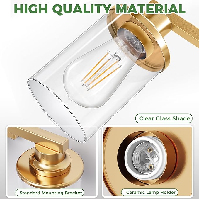 DORESshop 20 Inch Bathroom Light Fixtures, 3-Light Gold Bathroom Lighting Fixtures Over Mirror with Clear Glass Shade, Vanity Lights for Living Room Bedroom, ETL Listed