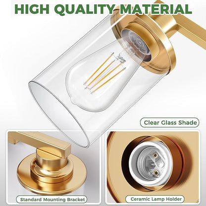 DORESshop 17 Inch Bathroom Light Fixtures, 3-Light Brushed Gold Bathroom Lighting Fixtures Over Mirror with Clear Glass Shade, Vanity Lights for Living Room Bedroom