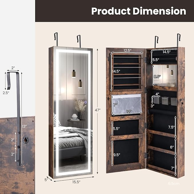GOFLAME LED Mirror Jewelry Cabinet 47”, Wall/Door Mounted Full Length Mirror with Storage, 3-Color Lights, Interior Makeup Mirror, Jewelry Storage Organizer, Lockable Jewelry Armoire, Rustic Brown