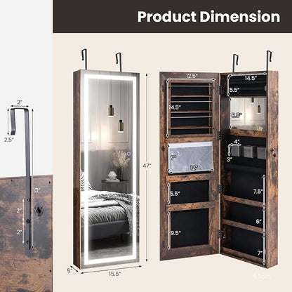 GOFLAME LED Mirror Jewelry Cabinet 47”, Wall/Door Mounted Full Length Mirror with Storage, 3-Color Lights, Interior Makeup Mirror, Jewelry Storage Organizer, Lockable Jewelry Armoire, Rustic Brown