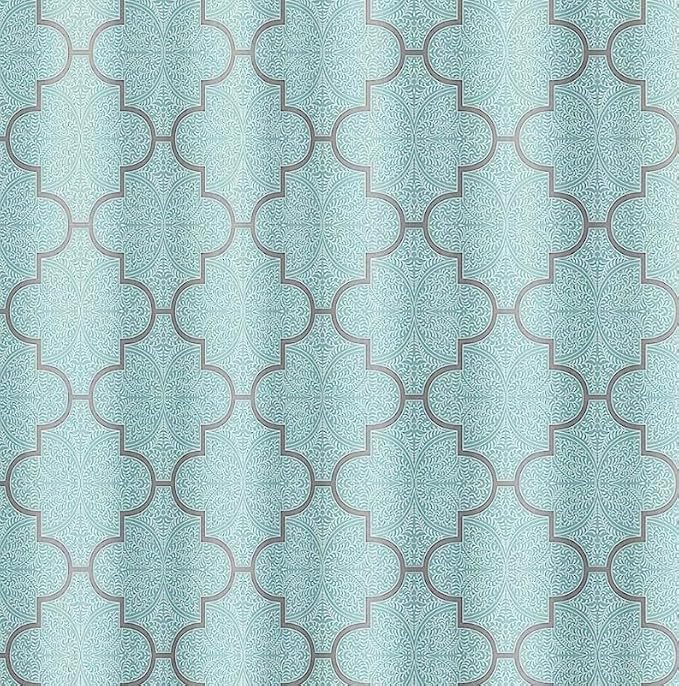 Serafina Home Geometric Aqua Fabric Shower Curtain, Blue Grey Damask Moroccan Design, 70x72 Inch, with 12 Rollerball Hooks