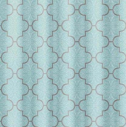 Serafina Home Geometric Aqua Fabric Shower Curtain, Blue Grey Damask Moroccan Design, 70x72 Inch, with 12 Rollerball Hooks