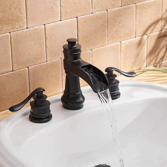 3 Hole 8 Inch Widespread Bathroom Sink Faucet Black Two Handles | Waterfall Spout,Lead-free,With Pop Up Drain and Supply Lines, Classic Farmhouse Retro, Stain Resistant Coating