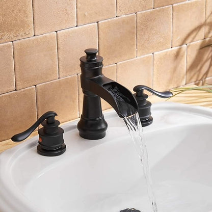 3 Hole 8 Inch Widespread Bathroom Sink Faucet Black Two Handles | Waterfall Spout,Lead-free,With Pop Up Drain and Supply Lines, Classic Farmhouse Retro, Stain Resistant Coating