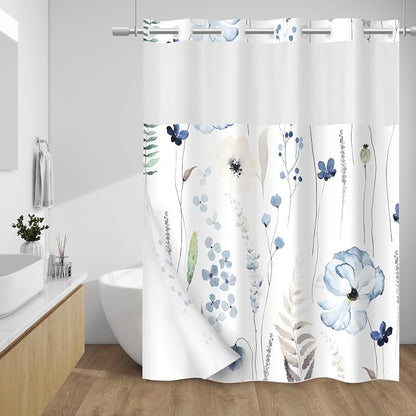 No Hook Floral Shower Curtain with Liner, Navy Blue, 71x74 | Snap in Liner, 3 in 1, Water Repellent, Easy Install, Machine Washable, Hotel Style for Bathroom, Watercolor Pattern