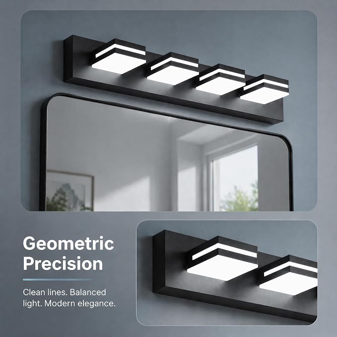 Black Modern LED Bathroom Vanity Light Fixtures over Mirror (36 in 5-Light) | Rotatable Heads, Dimmer Compatible, Wall Mount, Square Shape Design