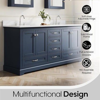 WELLFOR 72 Inch Bathroom Vanity with Double Sinks, Solid Wood Bathroom Vanity W/4 Soft-Close Doors and 6 Drawers, Cultured Marble Countertop Bathroom Vanities W/Two Sinks, (Navy Blue)