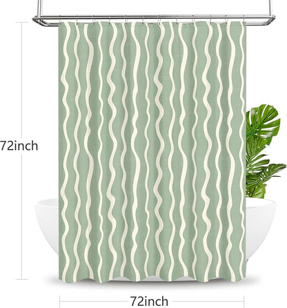 Tititex Cute Curvy Wavy Lines 140gsm Faux Linen Fabric Shower Curtain, Elegant Beige Sage Green Wave Striped Shower Curtain Sets Decoration 72x72 Inch with Hooks