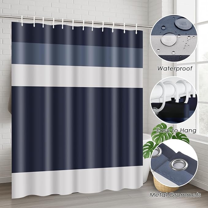 Bathroom Sets with Shower Curtain and Rugs 4 Pcs, Geometric | Striped Minimalist Navy Blue Bathroom Decor Set with Toilet Lid Cover, Non-Slip Bath Mats and Accessories 12 Hooks
