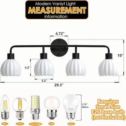 Black 4-Light Vanlity Light Over Mirror,Wall Sconces,Modern Bathroom Light Fixture with Milk White Glass Flower Shade,E26 Socket(Bulbs Not Included)