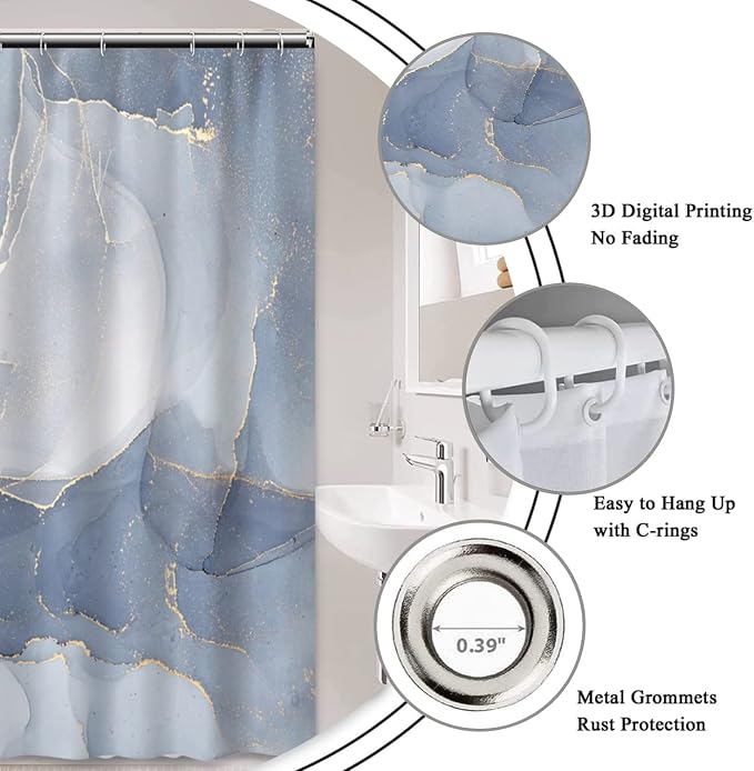 AWERT Small Half Size Stall Shower Curtain with 6 Hooks Shower Stall Curtain 36 x 72 Light Blue Marble Gold 36 inch Shower Curtain for Bathroom/RV and Camper (Blue Marble)