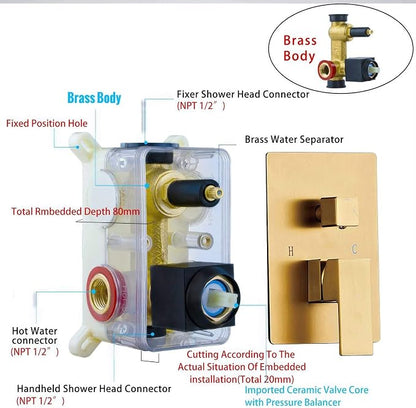 SaniteModar Shower Faucet Set 12 Inch, Brushed Gold Shower System | Rainfall Shower Head with Handheld Combo Spray, High Pressure Shower Combo Set Included Brass Valve and Trim kit